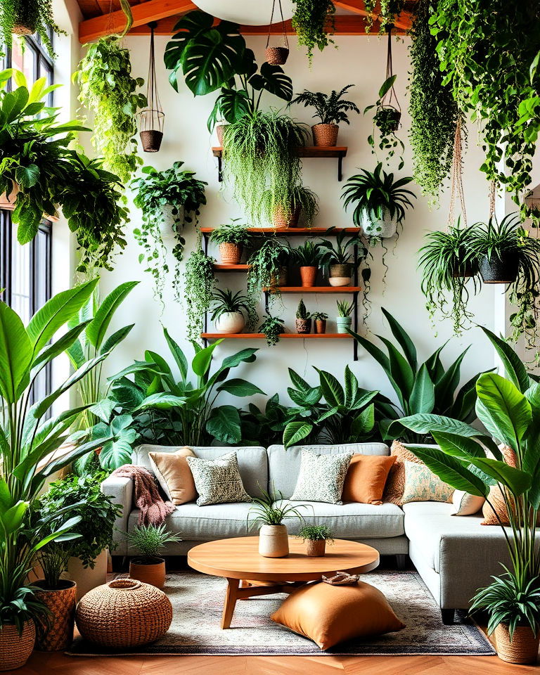 living room with lush floor to ceiling greenery - 15 Boho Jungle Living Room Ideas