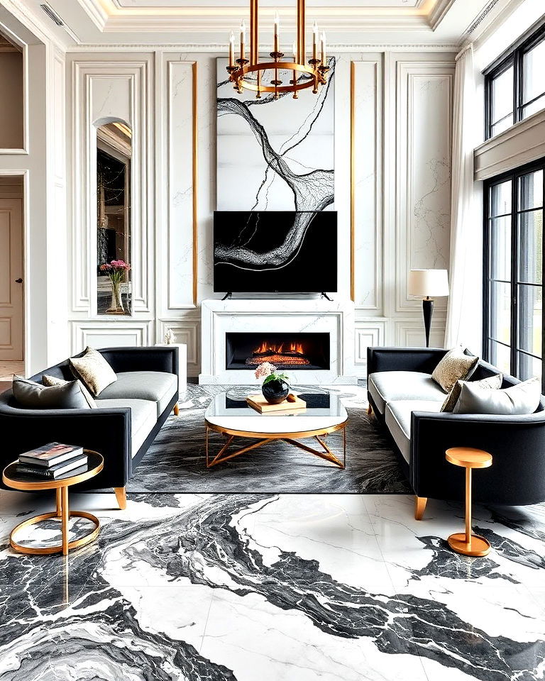 living room with marble look vinyl flooring - 20 Living Room Vinyl Flooring Ideas