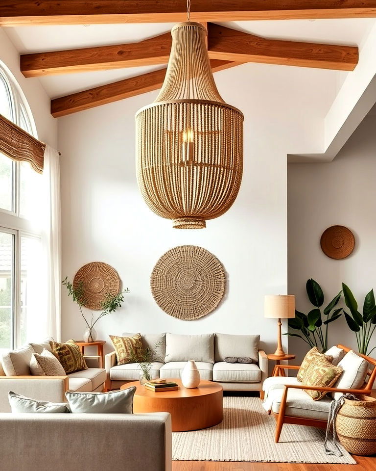 living room woven baskets as functional decor - 15 Neutral Boho Living Room Ideas