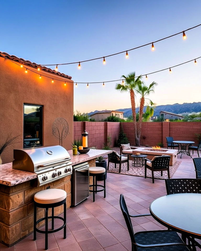 living space outdoors with a functional kitchen and bar area - 25 Las Vegas Backyard Landscaping Ideas