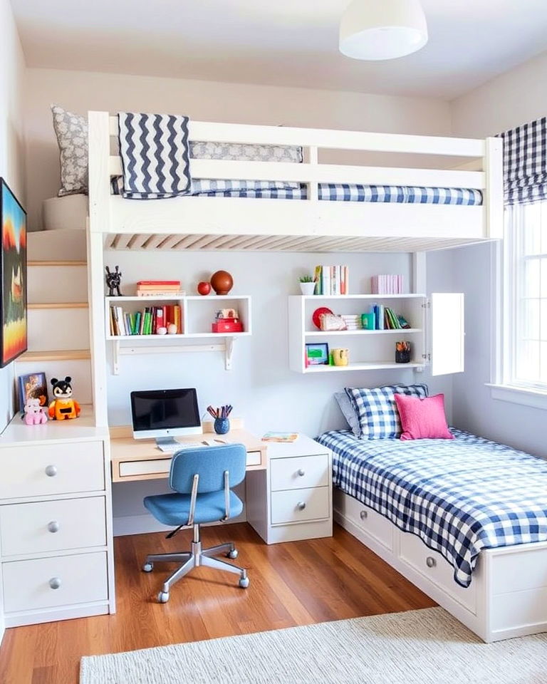 loft beds with built in storage - 40 Boy and Girl Shared Small Room Ideas