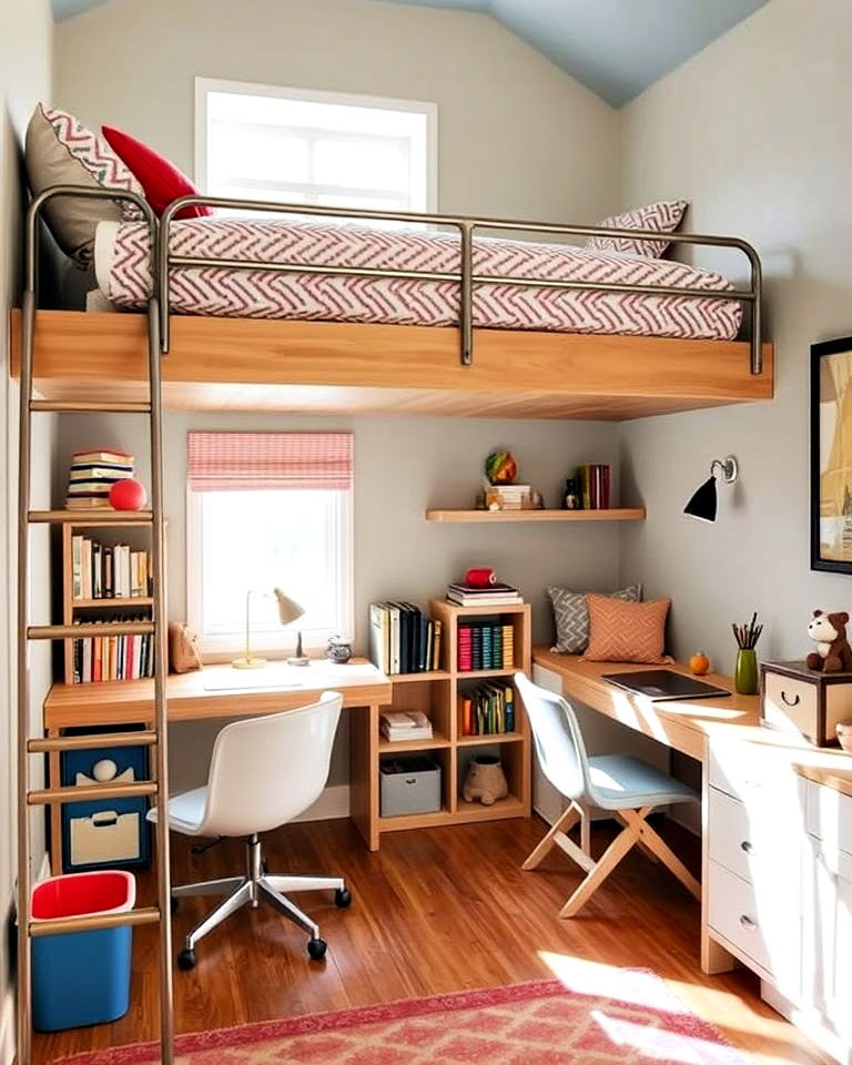 loft beds with study nooks - 40 Shared Kids Room Design Ideas