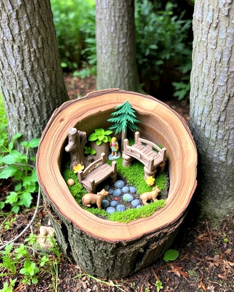 log hollow sanctuary fairy garden - 20 Fairy Garden Container Ideas