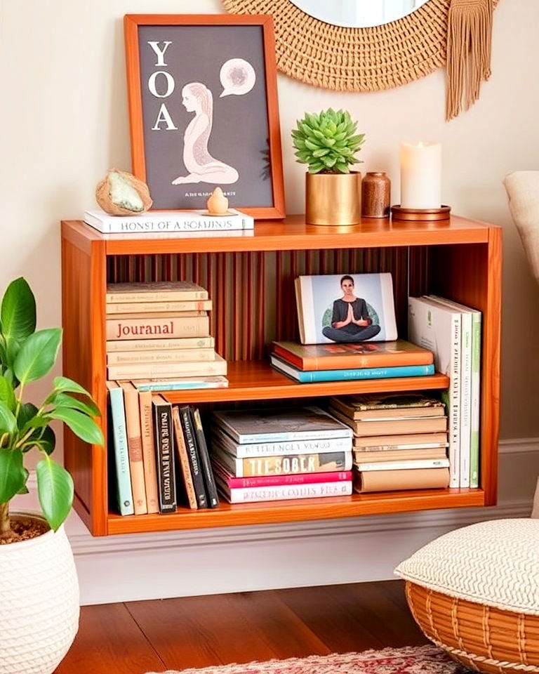 low bookshelves for mindfulness tools - 15 Boho Meditation Room Ideas
