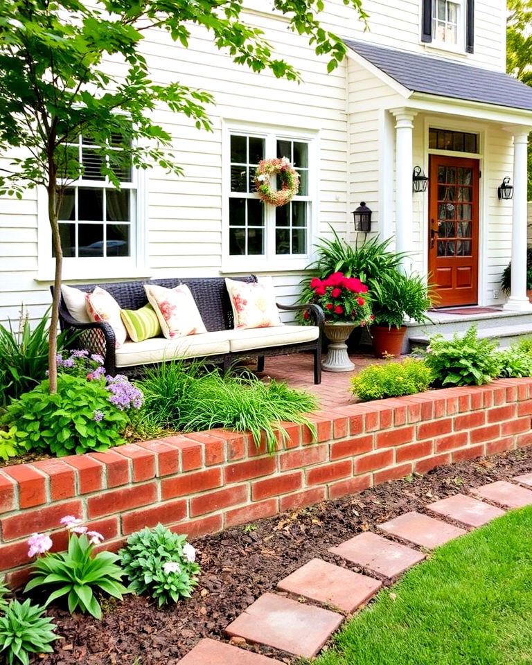 low brick wall seating along pathway - 25 Front Yard Sitting Area Ideas