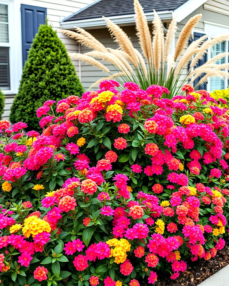 low hedge with compact lantana varieties to frame flower beds - 15 Front Yard Lantana Landscaping Ideas