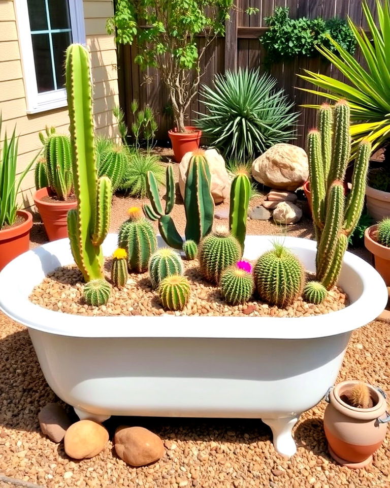 low maintenance cactus display - 15 Backyard Old Bathtub Garden Ideas