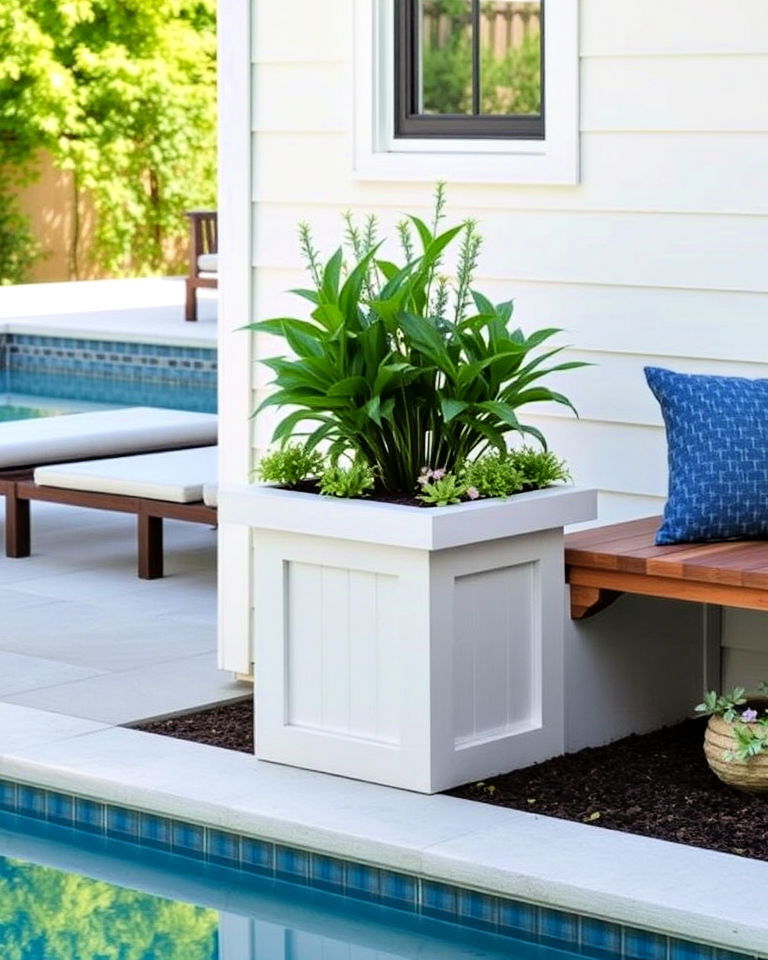 low maintenance planters with built in seating - 25 Pool Planter Ideas