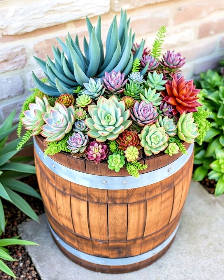 low maintenance succulent haven - 20 Whiskey Barrel Planter Ideas