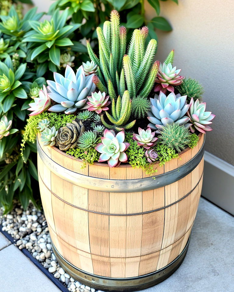 low maintenance succulent planter from a wine barrel - 15 Wine Barrel Planter Ideas