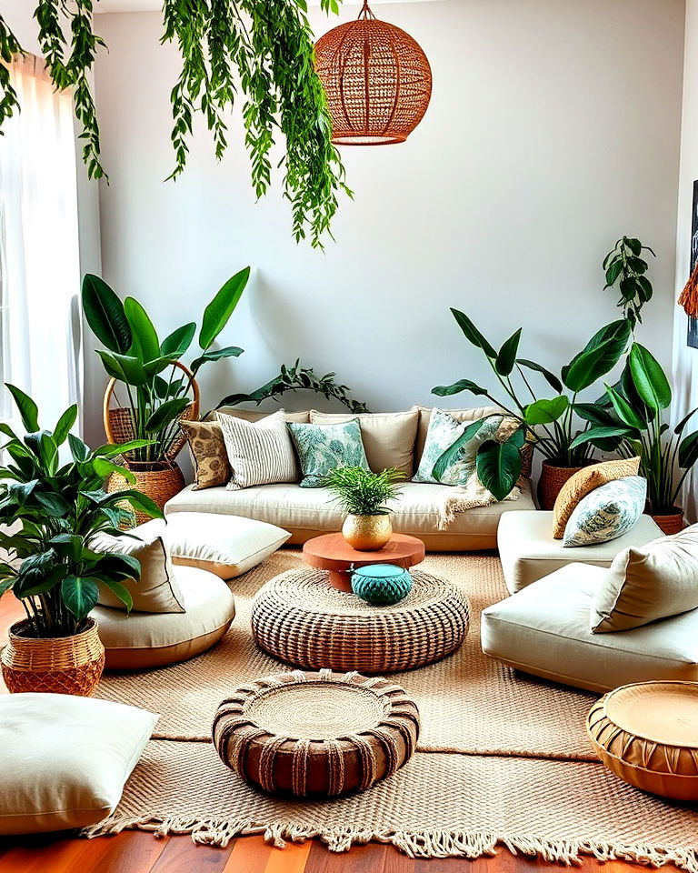 low seating arrangements for a boho jungle living room - 15 Boho Jungle Living Room Ideas