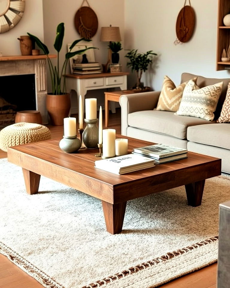 low wooden coffee table for relaxed charm - 15 Neutral Boho Living Room Ideas
