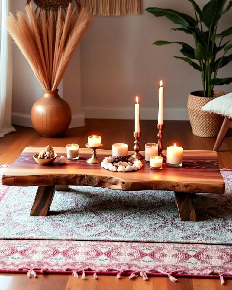 low wooden table for centerpiece - 15 Boho Meditation Room Ideas