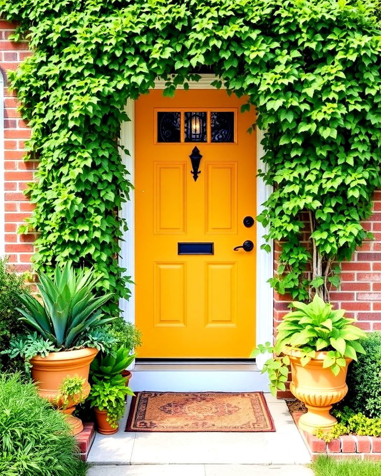 lush greenery around a mustard yellow door - 15 Mustard Yellow Front Door Ideas