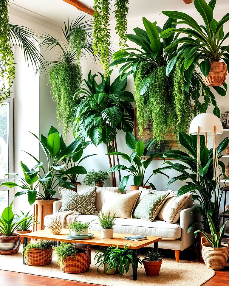 lush indoor plants for a boho jungle living room - 15 Boho Jungle Living Room Ideas