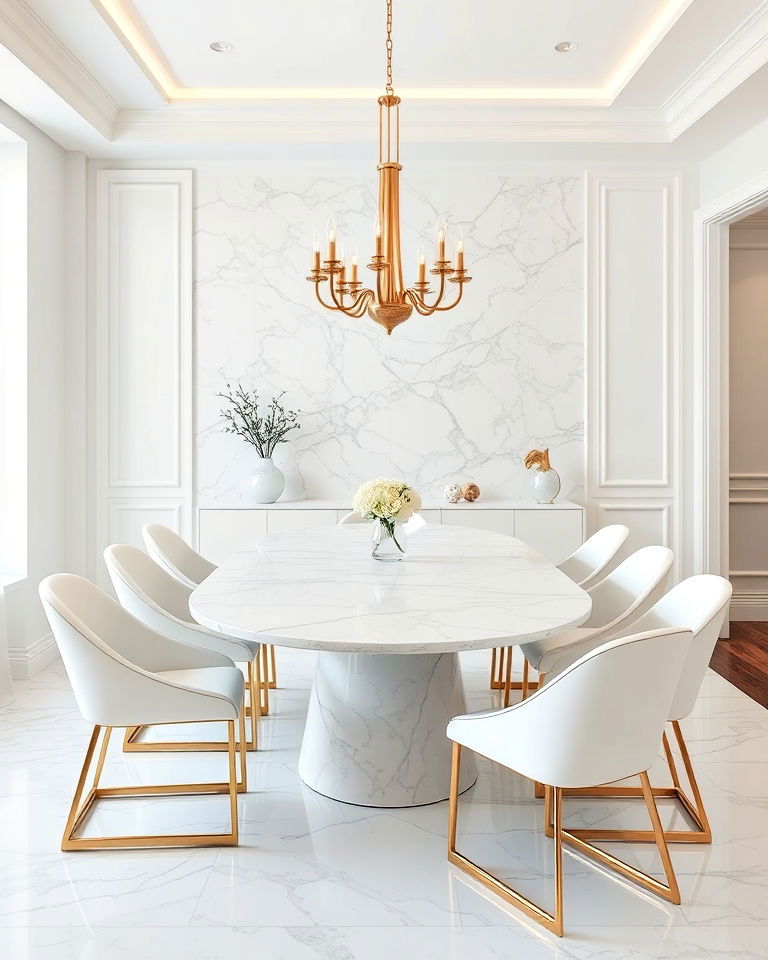 luxe white marble elevates for any dining room - 30 White Dining Room Ideas