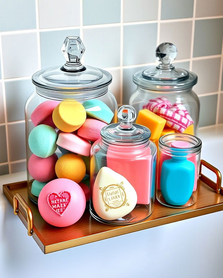 luxurious bath bomb and soap jars - 25 Bathtub Decor Ideas