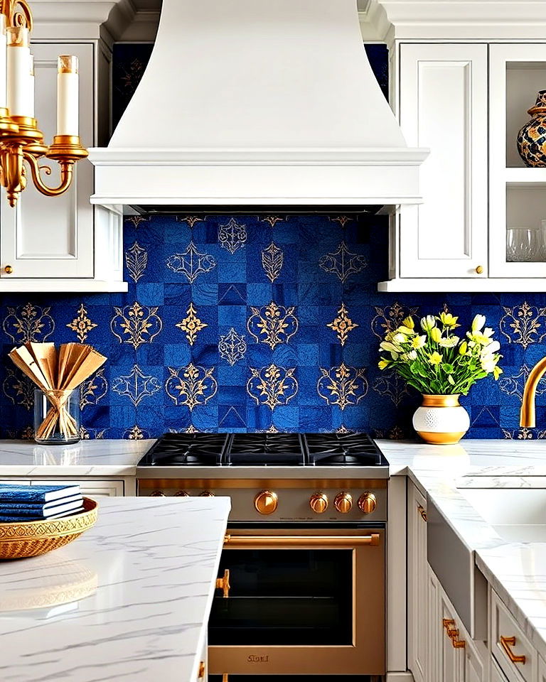 luxurious blue and gold accented tiles - 25 Kitchen With Blue Backsplash Ideas