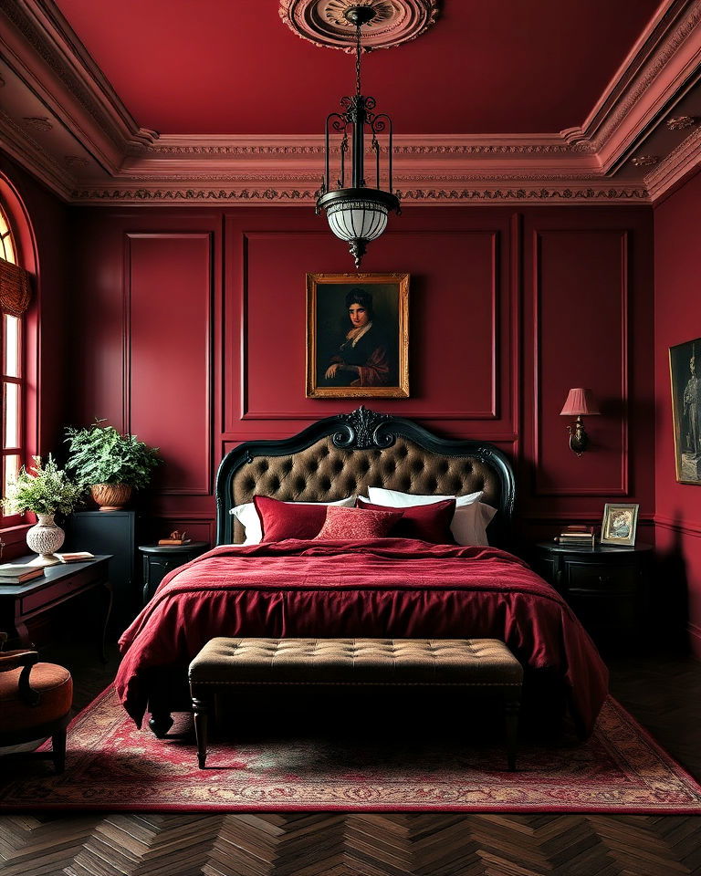 luxurious burgundy bedroom - 15 Dark Academia Wall Colors