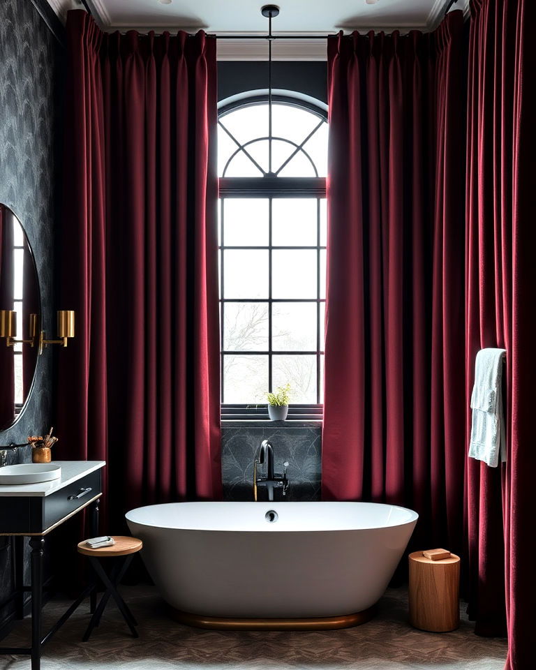 luxurious floor to ceiling curtains - 25 Dark Academia Bathroom Ideas