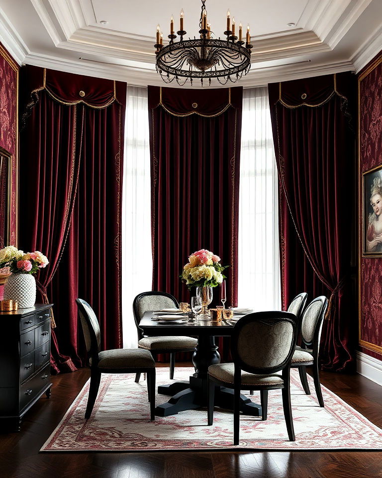 luxurious heavy drapes with intricate patterns - 15 Dark Academia Dining Room Ideas