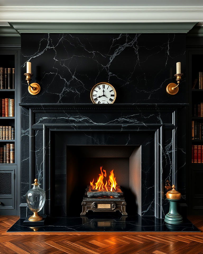 luxurious moody marble surround - 15 Dark Academia Fireplace Ideas
