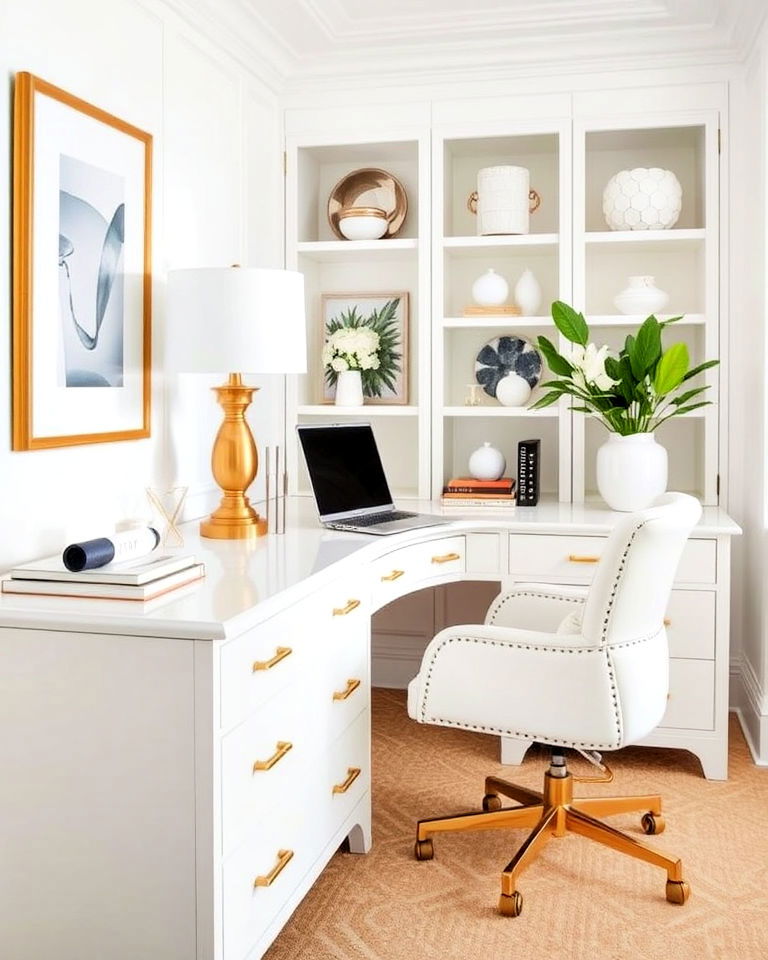 luxurious pairing of white and gold accents - 20 White Home Office Ideas
