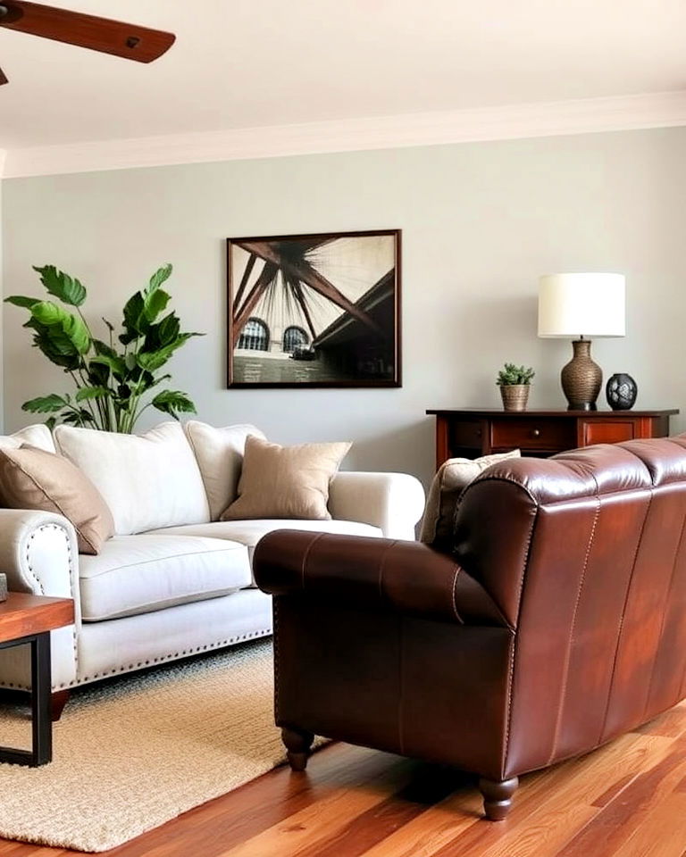 luxury linen couch with a distressed leather loveseat - 15 Mismatched Sofas in Living Room Ideas