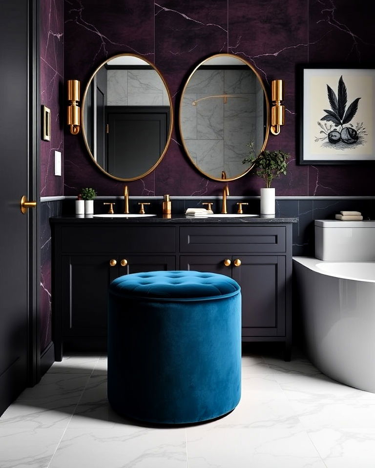 luxury velvet bathroom stool - 25 Dark Academia Bathroom Ideas