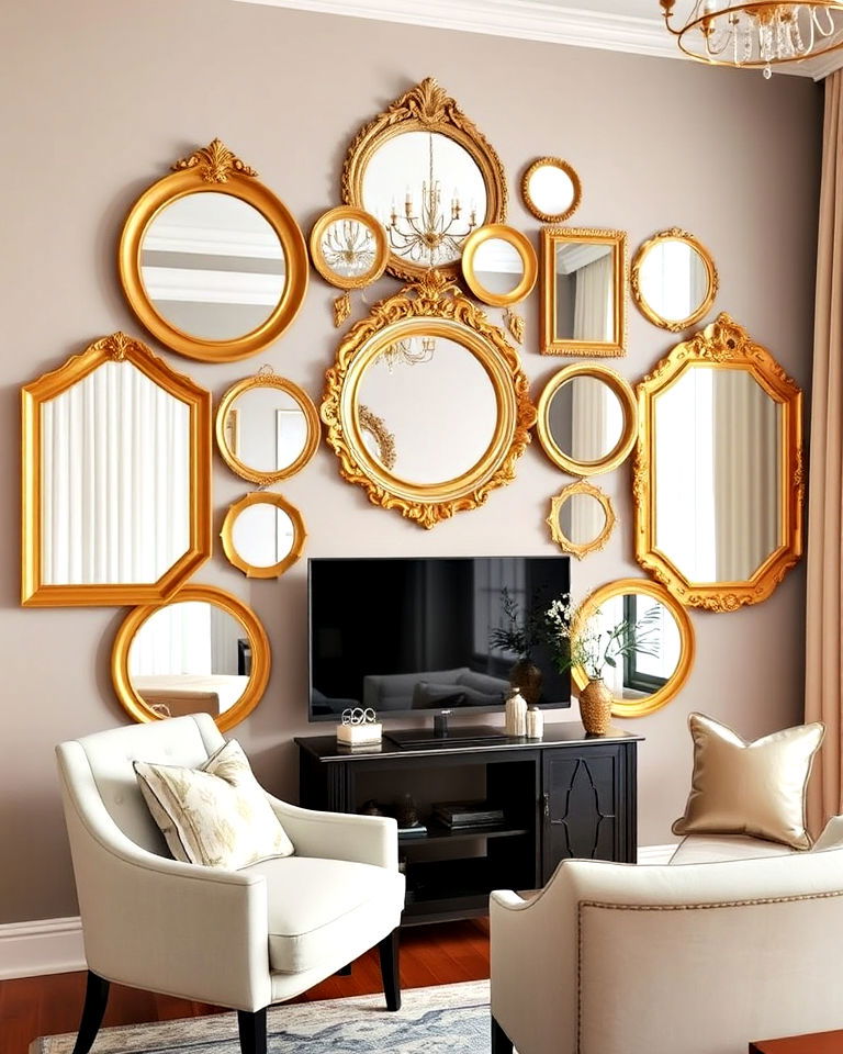 luxury with mirrors framed in shimmering gold - 15 Mirror Collage Wall Ideas
