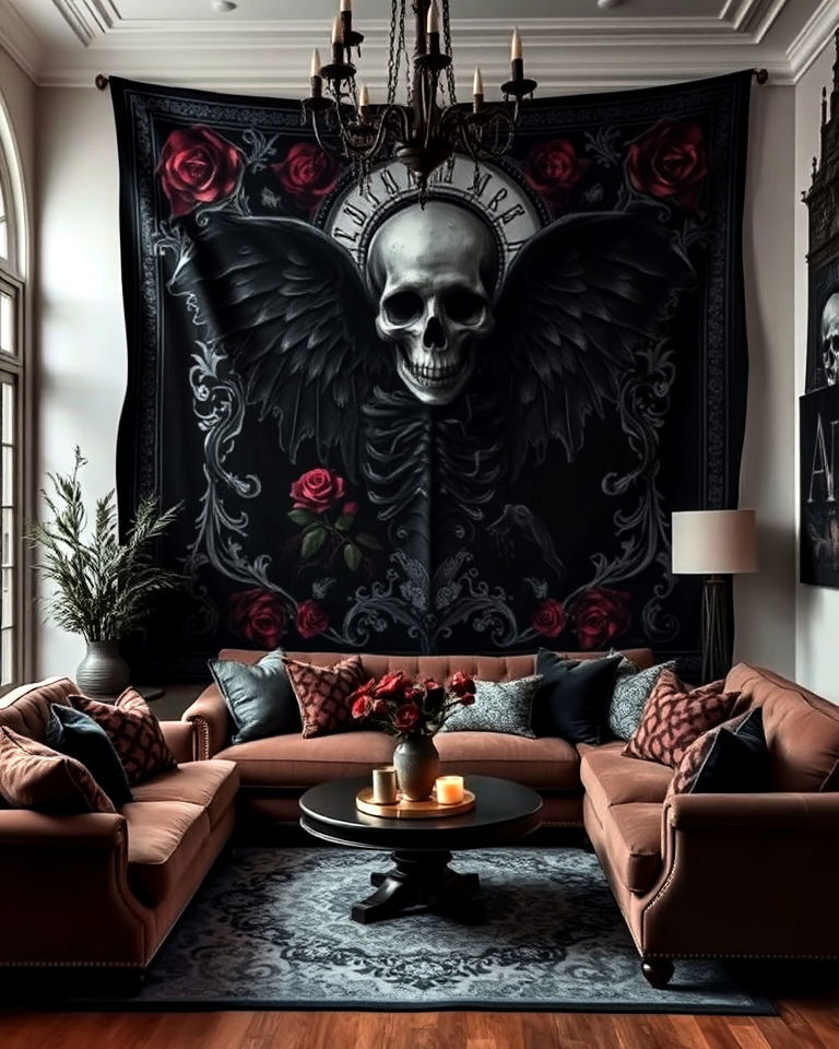 macabre art and tapestries living room - 20 Whimsigoth Living Room Ideas