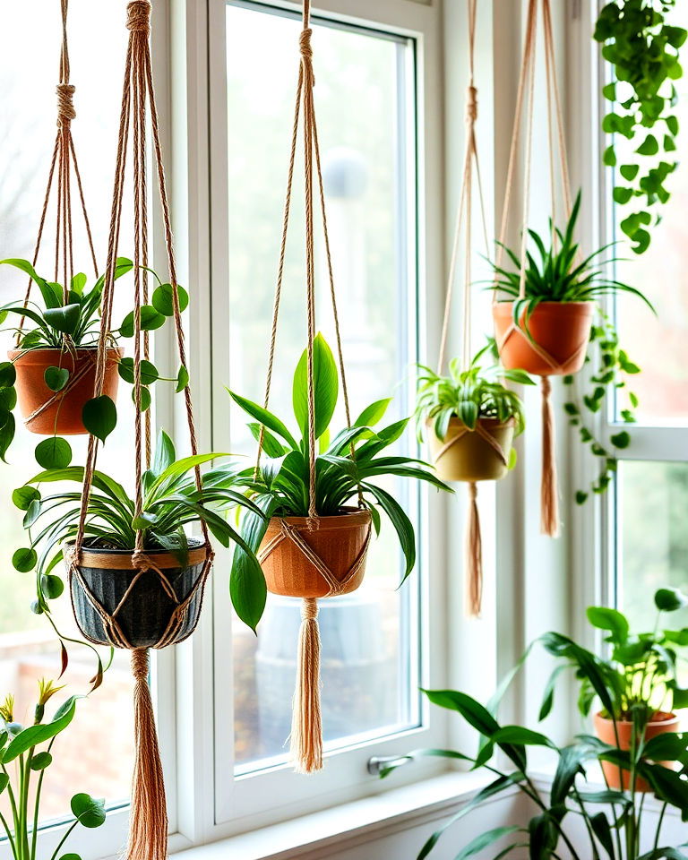 macrame plant hangers for your window decor - 25 Mid Century Boho Decor Ideas