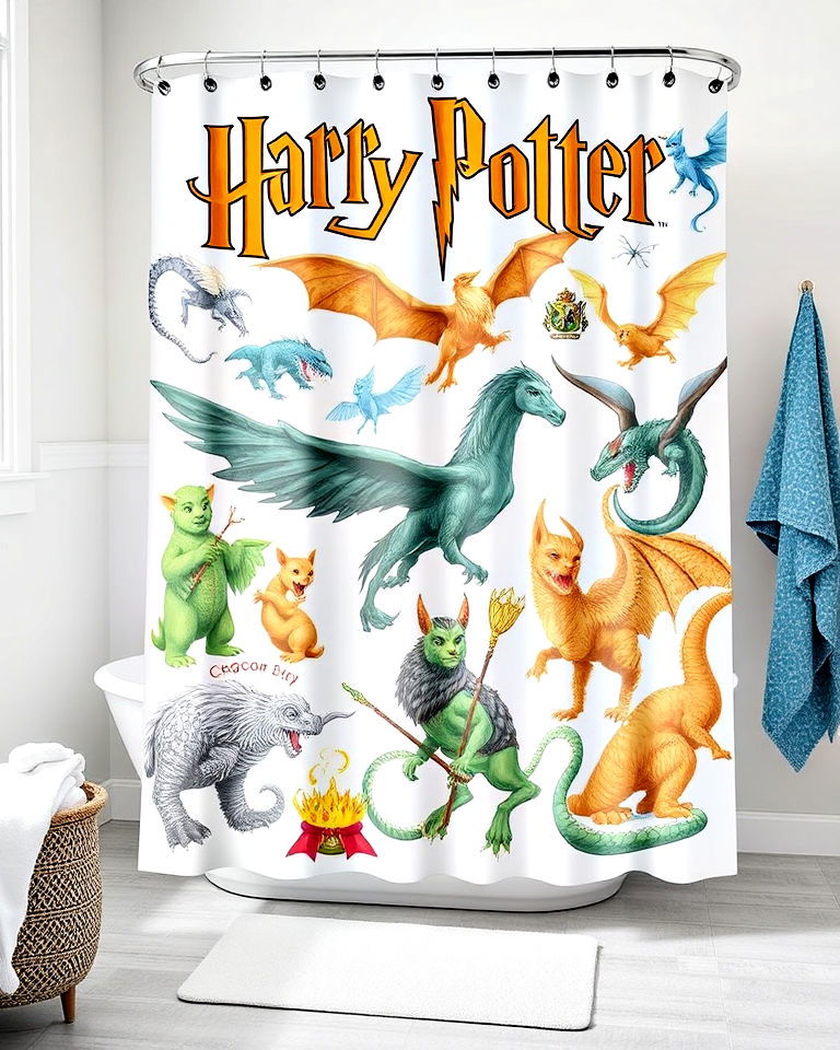magical creature shower curtain - 25 Harry Potter Bathroom Ideas