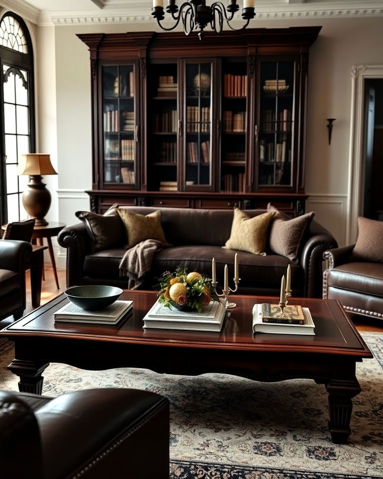 mahogany coffee table living room - 25 Dark Academia Living Room Ideas