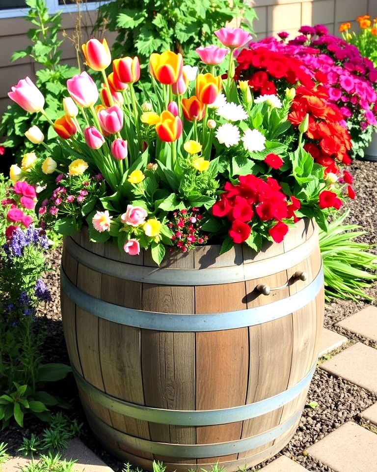 make a wine barrel the centerpiece seasonal flower display - 15 Wine Barrel Planter Ideas