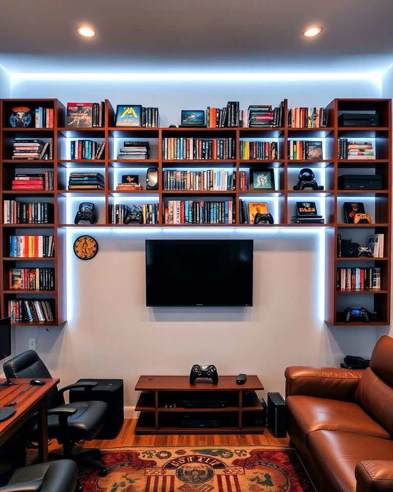 man cave gaming library wall - 20 Gaming Man Cave Ideas