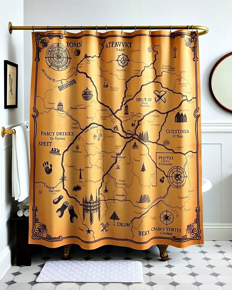 marauders map inspired shower curtain - 25 Harry Potter Bathroom Ideas
