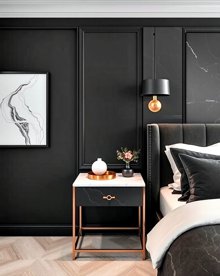 marble accents bring elegance to a black bedroom - 25 Luxury Black Bedroom Ideas