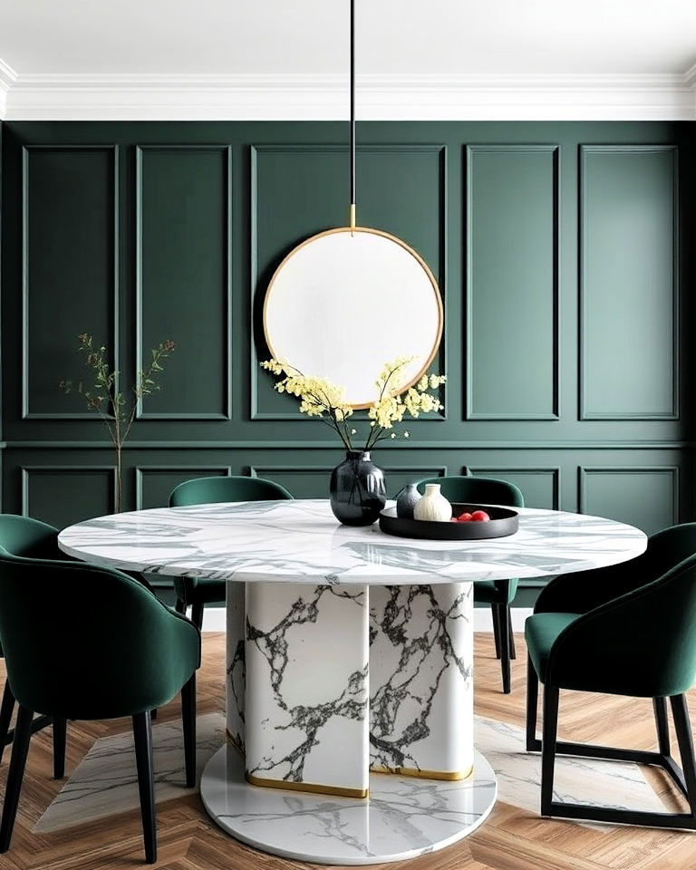 marble and green pairing dining room - 20 Dark Green Dining Room Ideas