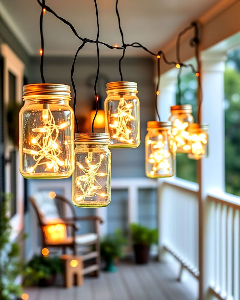 mason jar string lights for rustic elegance - 15 Front Porch String Lights Ideas