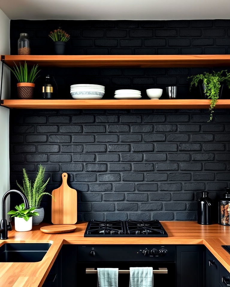 matte black brick backsplash for industrial charm - 20 Kitchens With Dark Backsplashes