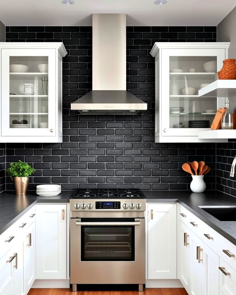 matte black brick backsplash for rustic charm - 20 White Kitchen With Black Backsplash Ideas