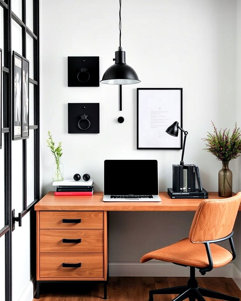matte black hardware and accents - 30 Industrial Home Office Ideas