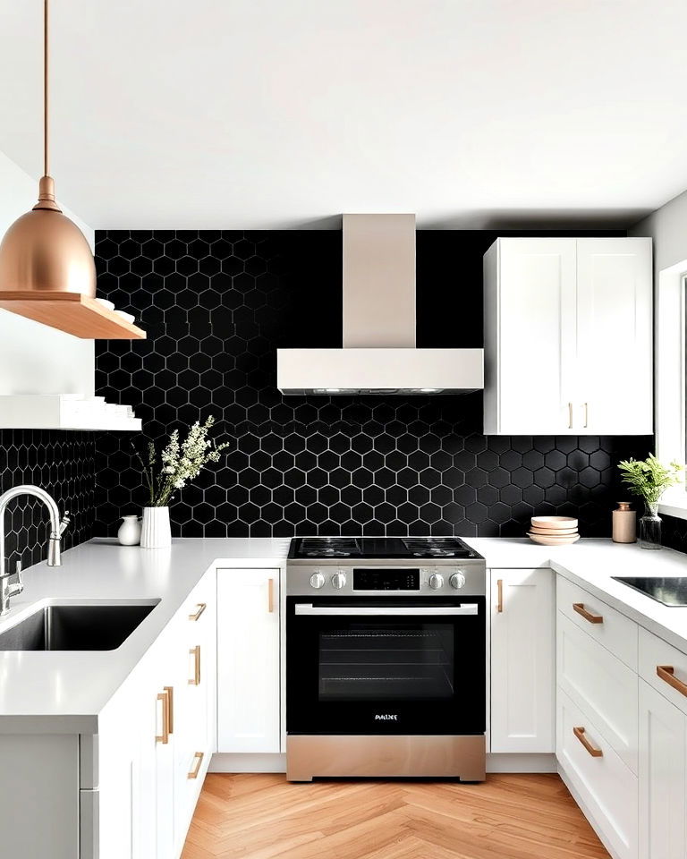 matte black hexagonal tiles for a geometric twist - 20 White Kitchen With Black Backsplash Ideas