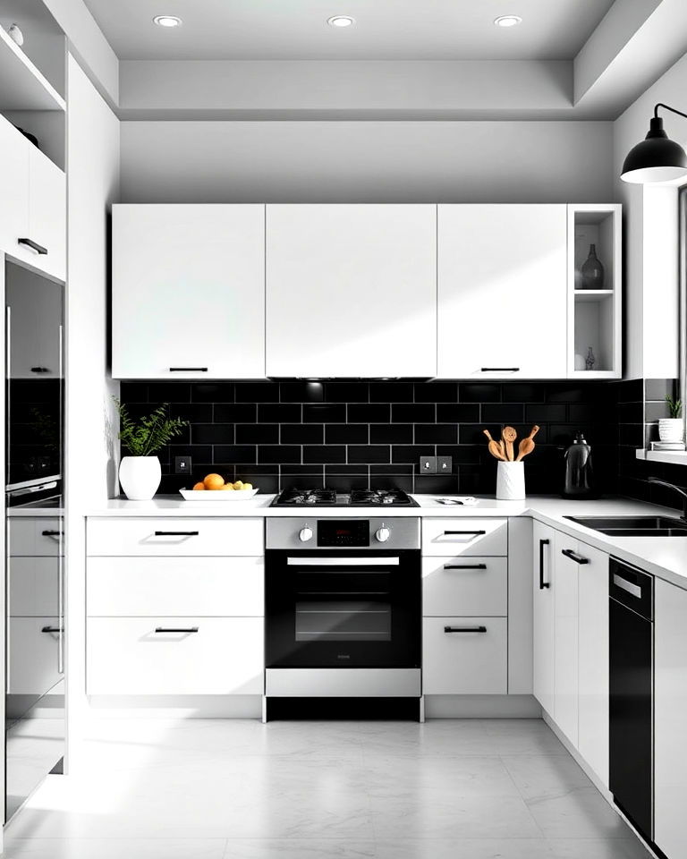 matte black porcelain tiles for easy maintenance - 20 White Kitchen With Black Backsplash Ideas