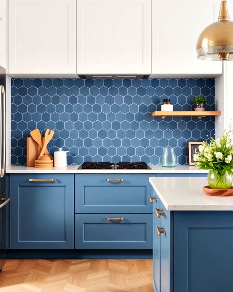 matte blue hexagon tiles for modern to eclectic kitchen - 25 Kitchen With Blue Backsplash Ideas