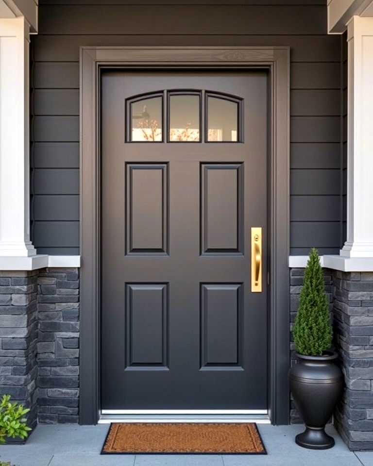 matte gray with statement hardware - 15 Dark Gray Front Door Ideas