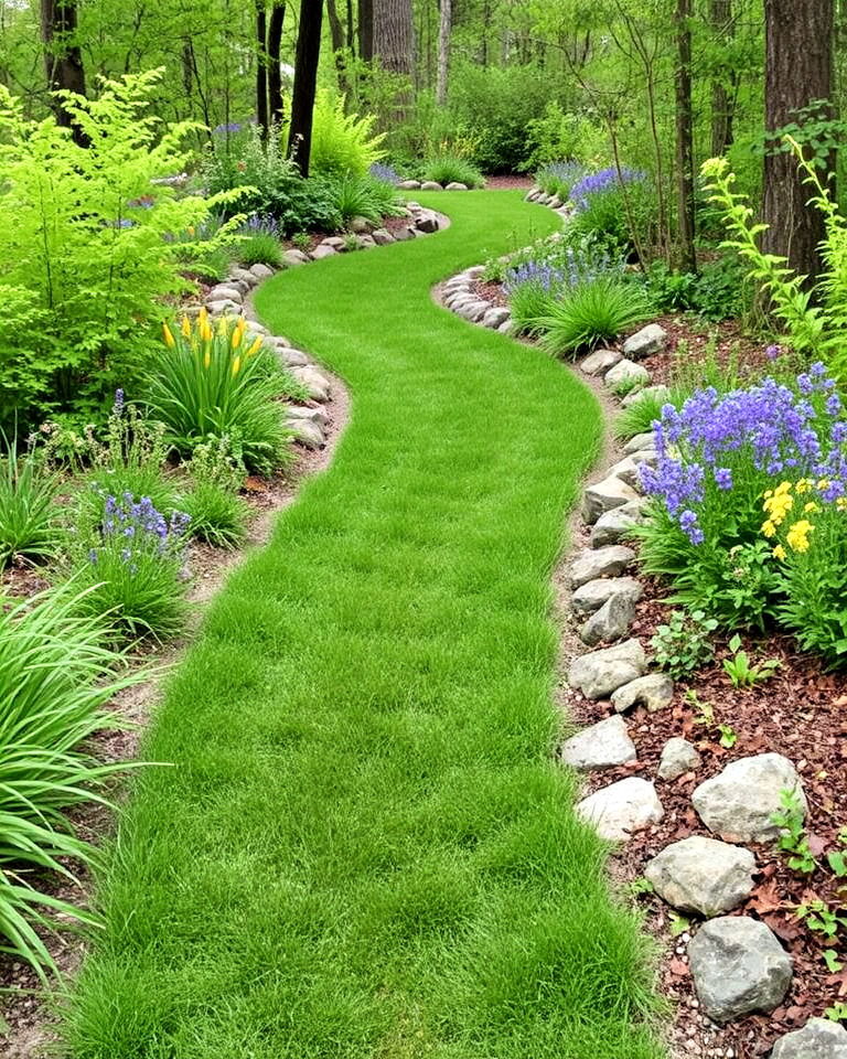 meandering grass woodland path - 15 Woodland Garden Path Ideas