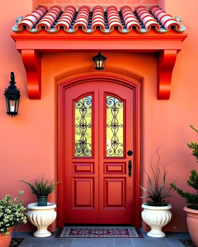 mediterranean inspired entrance with a terracotta hued red door - 25 Red Front Door Ideas