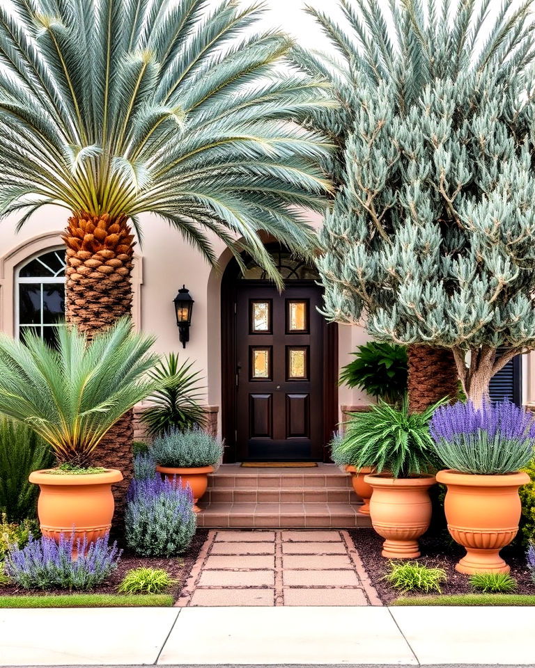mediterranean inspired palm and olive tree mix - 25 Front Yard Palm Tree Landscape Design Ideas